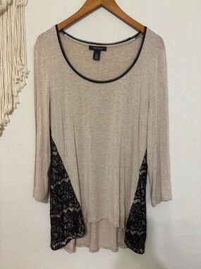 White House Black Market Beige Tunic Top with Black Lace Inset
